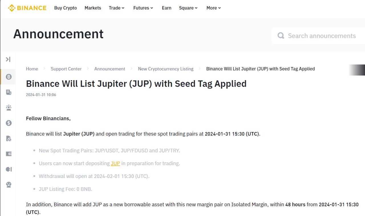 Binance Jupiter (JUP) Coin Token listing date, when it will be listed, and listing details are in this article.